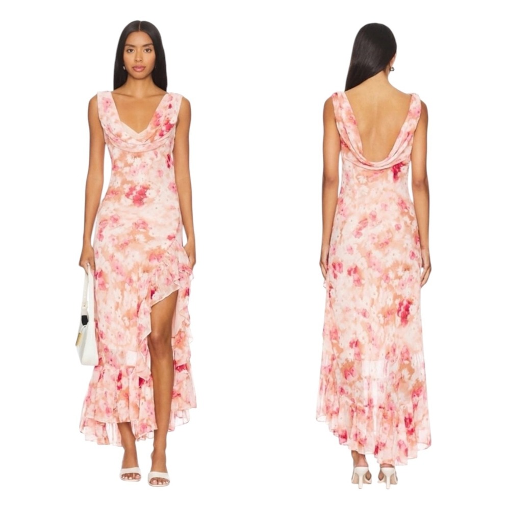 NWT ASTR The Label Cecilia Floral Cowl Neck‎ High Low Maxi Dress L Mauve Pink